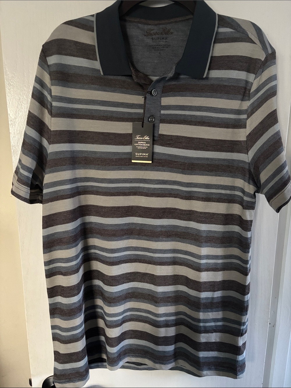 Tasso Elba Striped Polo in Gray, Navy & Light Blue